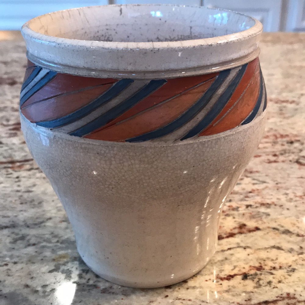 Signed Van Every Ivory Pottery Vase Jar Blue & Brown Diagonal Stripe Detailing